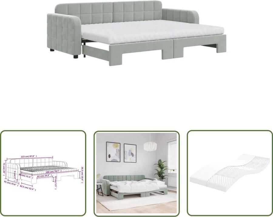 The Living Store Slaapbank onderschuifbed matrassen 80x200 cm fluweel lichtgrijs Slaapbank Sofa Bed Tweepersoonsbed Fluweel Meubilair Grijs Meubilair