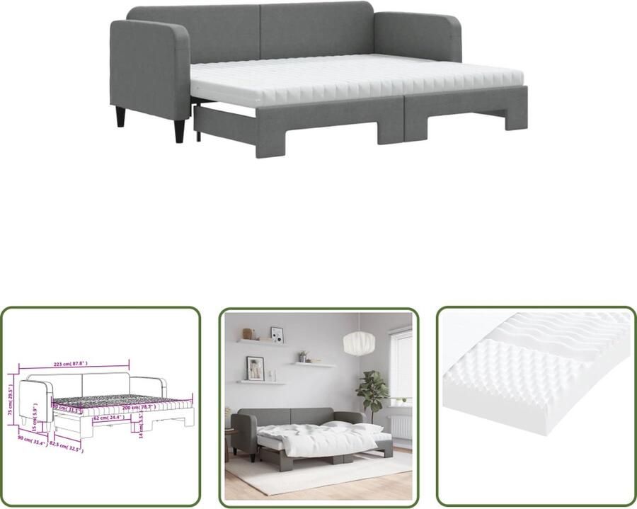 The Living Store Slaapbank onderschuifbed matrassen 80x200 cm stof donkergrijs Slaapbank Sofa Bed Tweepersoonsbed Donkere Meubels Comfortabele Stoffen - Foto 2