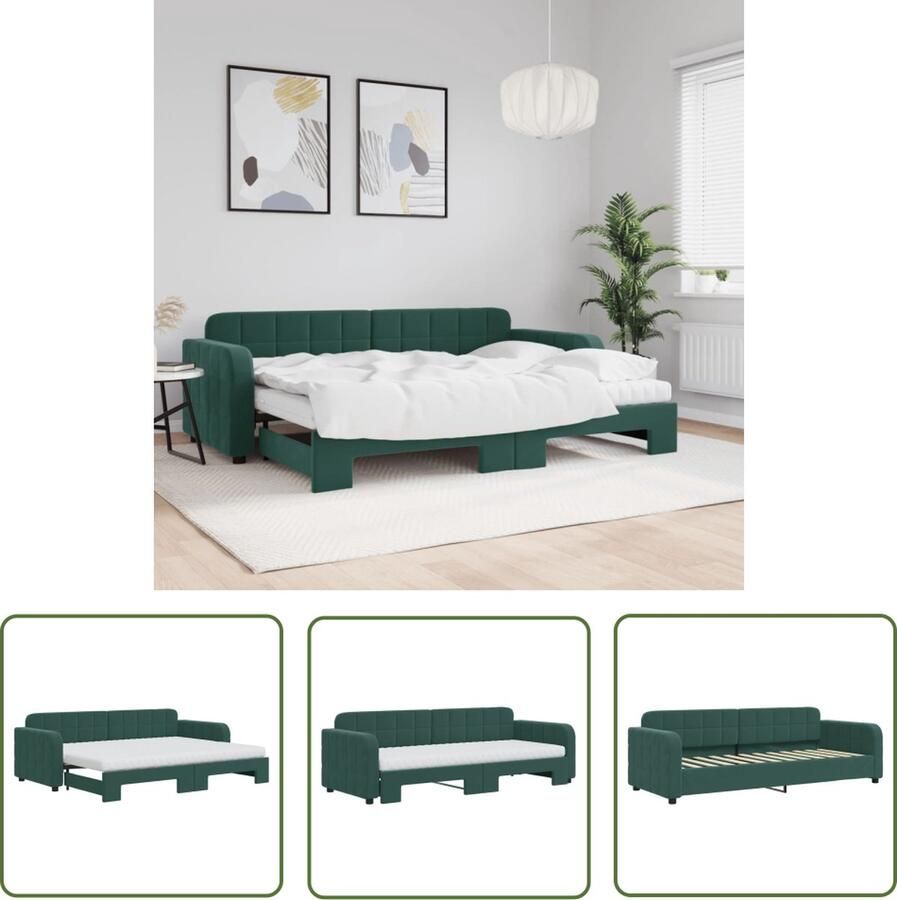 The Living Store Slaapbank Gotham Donkergroen 223 x 91 x 71 cm 2-in-1 met schuifbed Fluweel Slaapbank Sofa Bed Tweepersoonsbed Donkere Kleuren Fluweel Meubilair - Foto 2