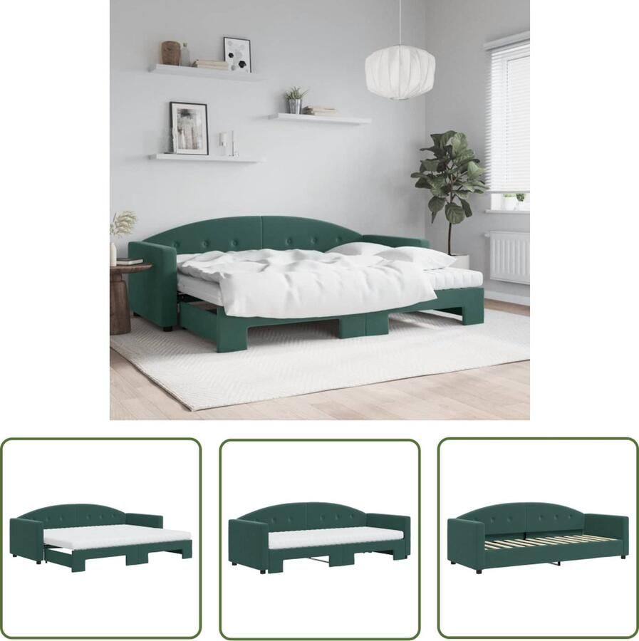 The Living Store Slaapbank Donkergroen 222 x 172.5 x 75 cm 2-in-1 Met Onderschuifbed en Matrassen Slaapbank Sofa Bed Tweepersoonsbed Donkere Kleuren Groene Meubels