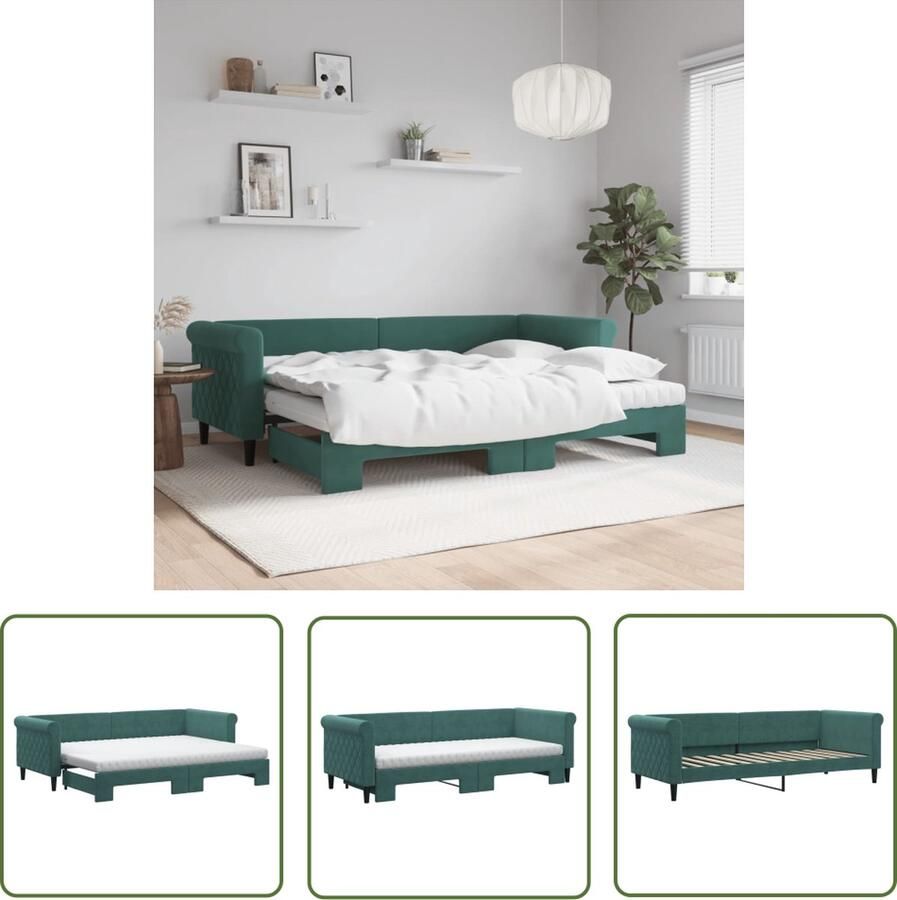 The Living Store Slaapbank Donkergroen Fluweel 229x90x68 cm 2-in-1 met Onderschuifbed Schuimmatras Solide Constructie Slaapbank Sofa Bed Tweepersoonsbed Donkere Kleuren Fluweel Meubels