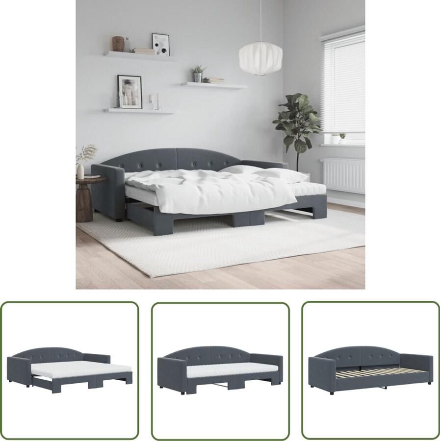 VidaXL Slaapbank onderschuifbed matrassen 90x200cm fluweel donkergrijs Slaapbank Sofa Bed Tweepersoonsbed Donkere Kleuren Fluweel