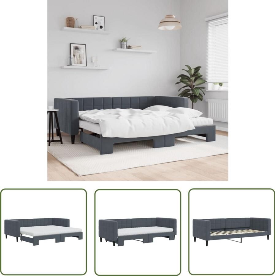 VidaXL Slaapbank onderschuifbed matrassen 90x200cm fluweel donkergrijs Slaapbank Sofa Bed Tweepersoonsbed Donker Grijs Fluweel