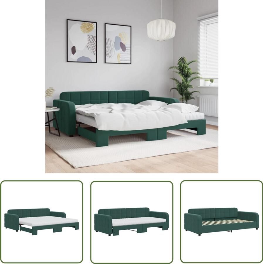The Living Store Slaapbank onderschuifbed matrassen 90x200cm fluweel donkergroen Slaapbank Sofa Bed Tweepersoons Bed Donkere Meubels Fluweel Bank