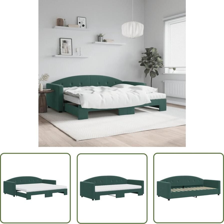 The Living Store Slaapbank onderschuifbed matrassen 90x200cm fluweel donkergroen Slaapbank Sofa Bed Tweepersoonsbed Donkere Kleuren Fluweel Meubilair