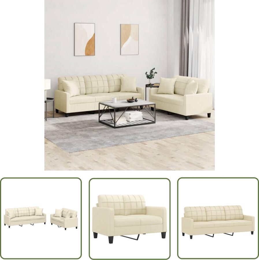 The Living Store 2-delige Loungeset met kussens kunstleer crèmekleurig Loungebank Sofa Tuinset Buitenkamer Tuinlounge
