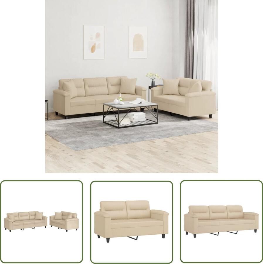 The Living Store 2-delige Loungeset met kussens microvezelstof crèmekleurig Loungebank Sofa Tuinset Bankstellen Crème Kleur