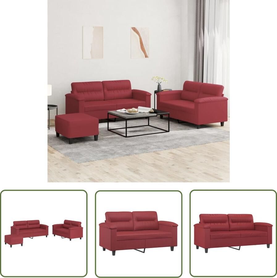 The Living Store 3-delige Loungeset met kussens kunstleer wijnrood Loungebank Sofa Bankstellen Lederlook Rood