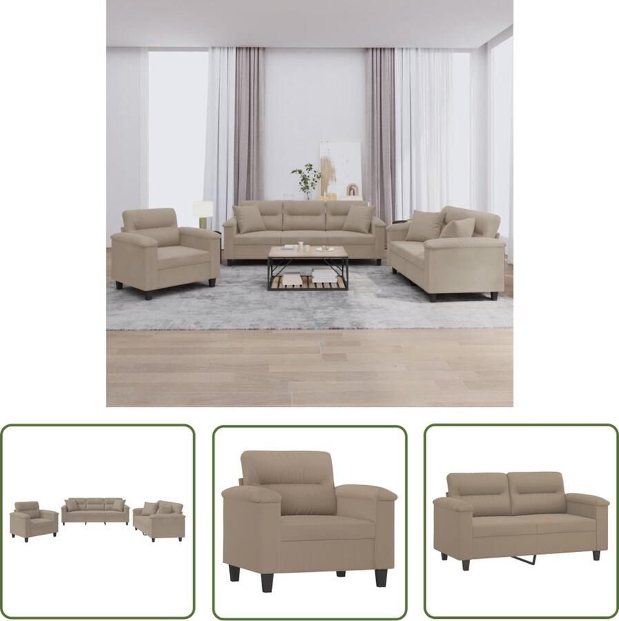 The Living Store 3-delige Loungeset met kussens microvezelstof taupe Loungebank Sofa Bankstel Tuinlounge Buitenmeubilair