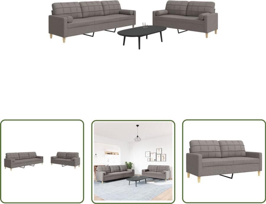 VidaXL Sofa Loungeset 2-delige Loungeset met sierkussens stof taupe Bankstel Salontafel Woonkamer