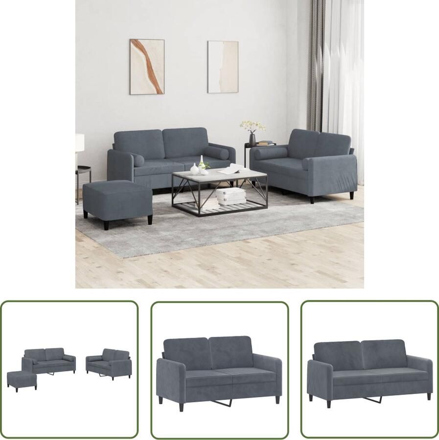The Living Store Zoey Loungeset Donkergrijs Fluweel 2-zitsbank 140 cm Comfortabele zitting Loungeset Sofa Fluweel Grijs 2 Persoons