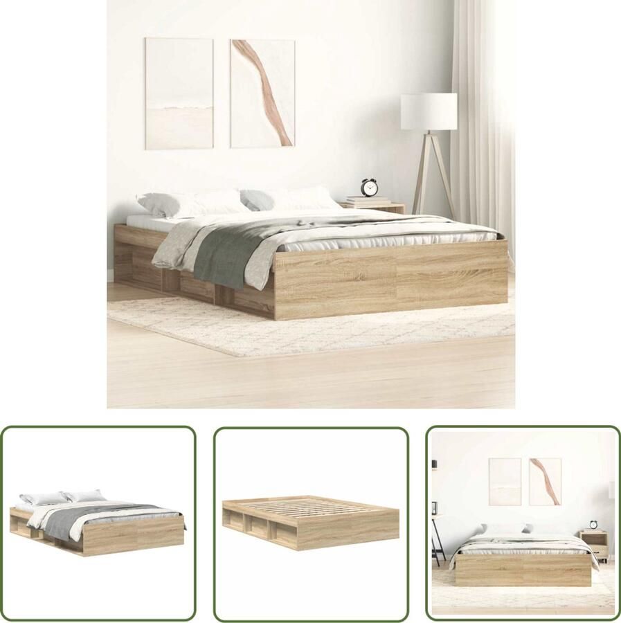 The Living Store Bed Sonoma eiken 203 x 153 x 35 cm Multiplex lattenbodem Houten Bed Frame Sonoma Eiken Tweepersoons Bed King Size Bed Met Lade