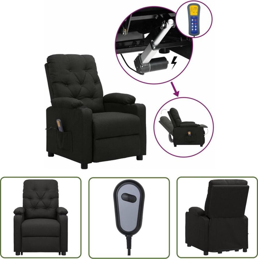 VidaXL Sta Op Functie Massagestoel Sta-op-massagestoel stof zwart Ergonomische Stoel Relaxstoel Lounge Stoel - Foto 2