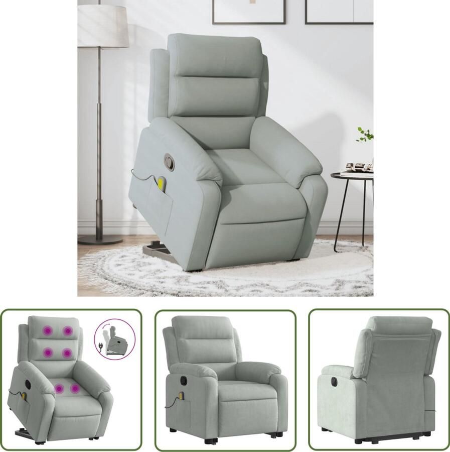 VidaXL Sta-op-massagestoel verstelbaar fluweel lichtgrijs Verstelbare Massagestoel Sta Op Stoel Fluweel Stoel Massagestoel Grijs Elektrisch Bediende Stoel