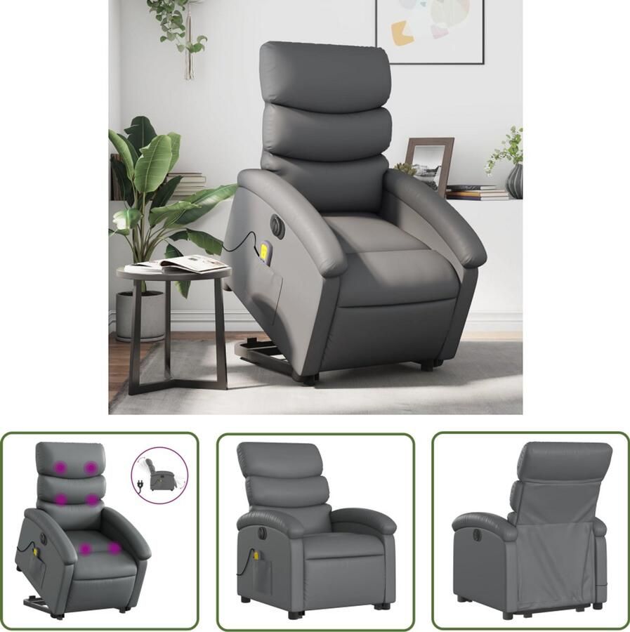 VidaXL Sta-opstoel Elektrische Massagestoel Sta-op-massagestoel elektrisch kunstleer grijs Massagerugkussen Ergonomische Stoel Lounge Stoel