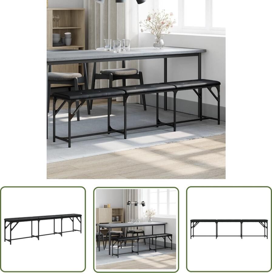 The Living Store Eettafelbankje Staal 186 x 32 x 45 cm Comfortabel zitkussen Eetkamerbank Staal Bank Zwart Comfortabele Bank Salonbank