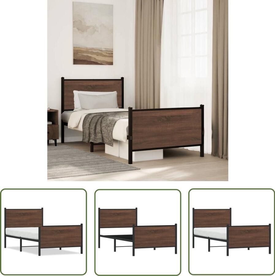 VidaXL Staal Bedframe Bruin Houten Bed Bedframe zonder matras metaal bruin eikenkleurig 75x190 cm Tweepersoons Bed Compact Bed Frame 75x190