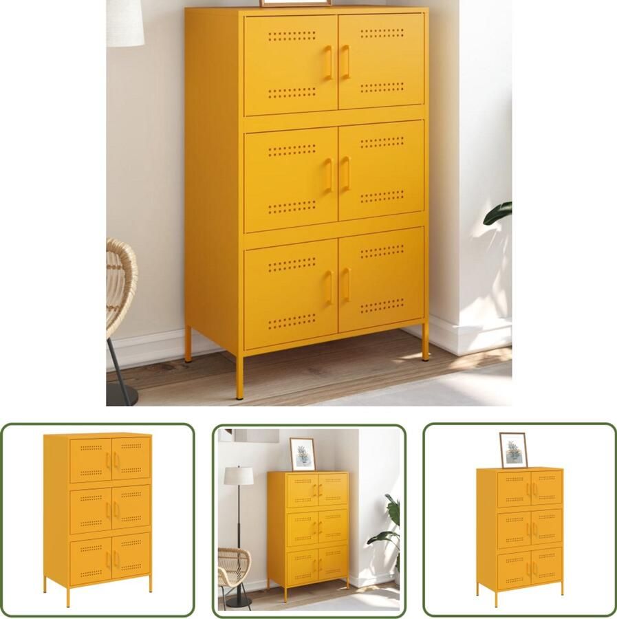 The Living Store Hoge kast 68x39x113 cm staal mosterdgeel Industriële Kast Hoge Kast Opbergkast Metalen Kast Staalkast