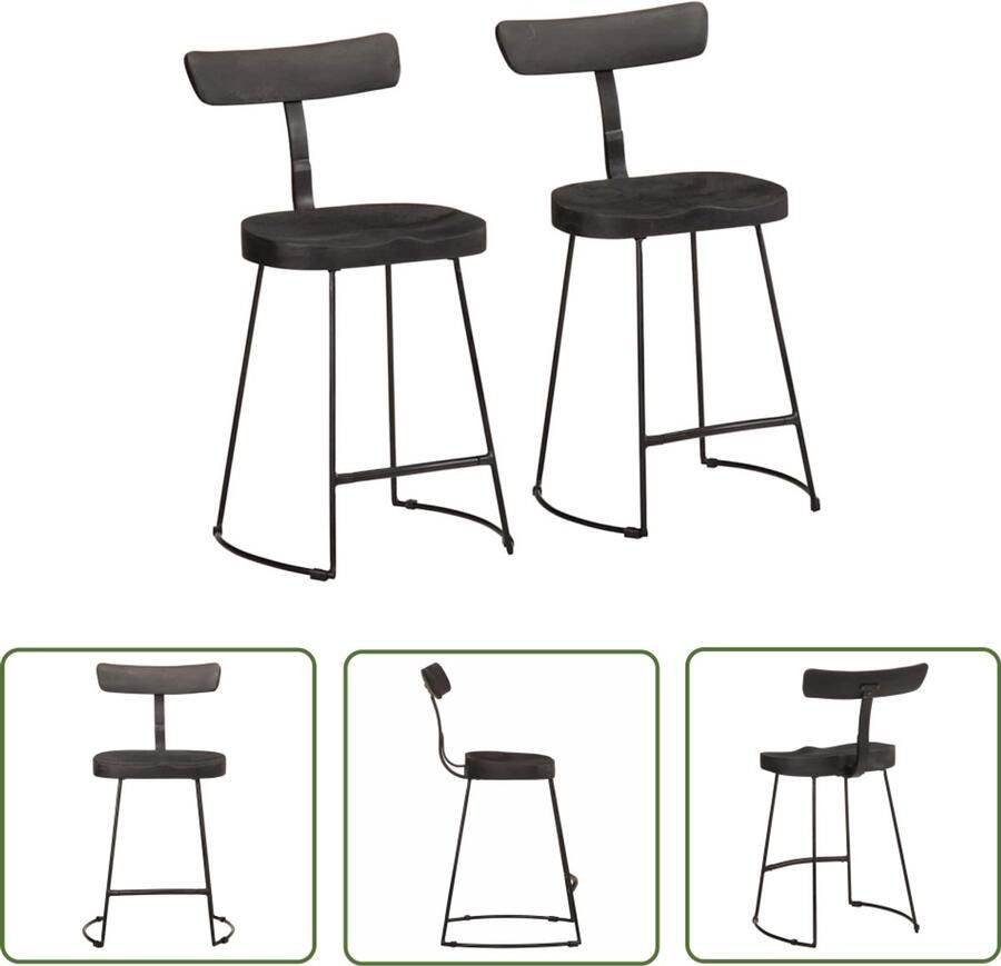 The Living Store Barkrukken 2 st 49x43x79 cm massief mangohout zwart Barkrukken Stoel Keukenstoel Eetkamerstoelen Mango Wood
