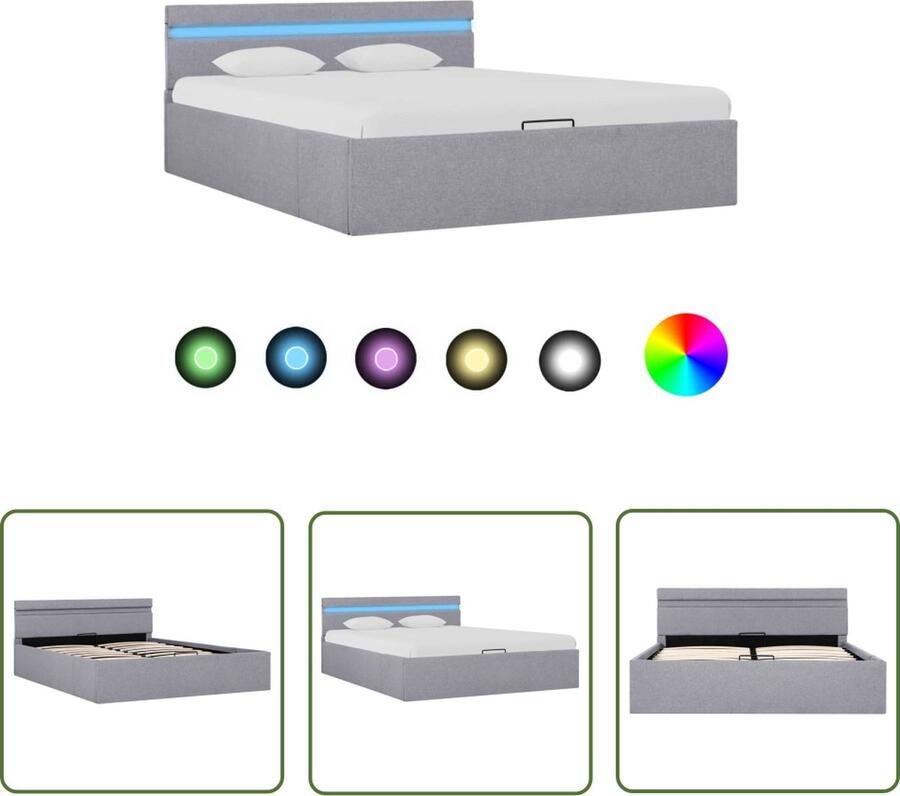 The Living Store Bedframe Stoffen bekleding Hydraulisch Lichtgrijs 211 x 128 x 73 cm LED-strip Hydraulisch Bed Stof Bed Led Verlichting Bed Boxspring Bed Dubbel Bed - Foto 2