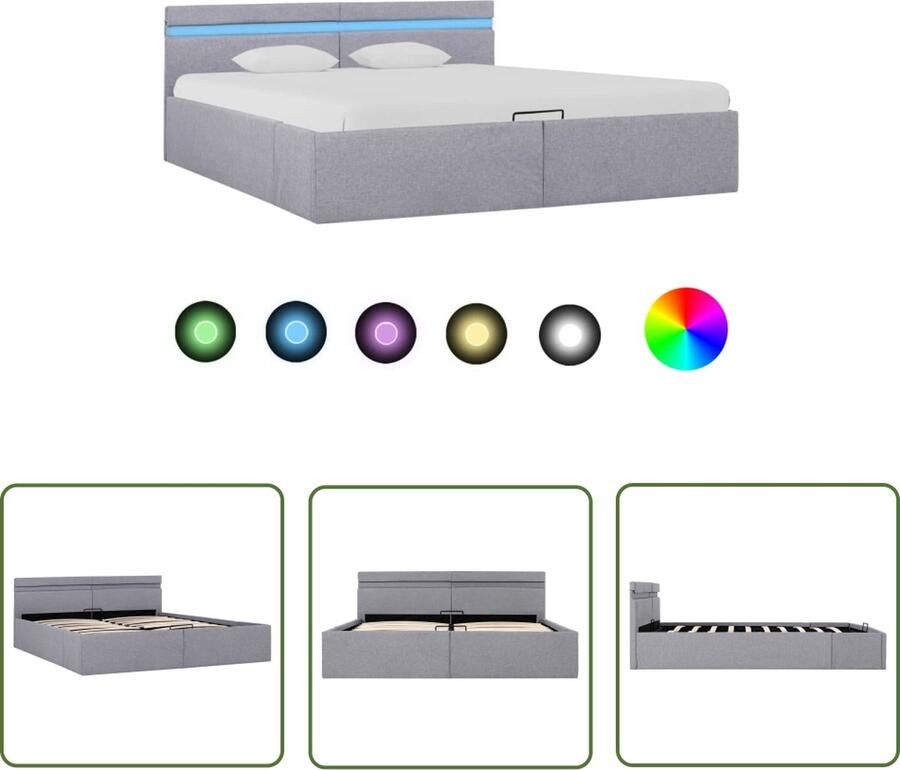 The Living Store Bedframe met opbergruimte en LED stof lichtgrijs 160x200 cm Hydraulisch Bed Stof Bed Boxspring Bed Tweepersoonsbed Led Verlichting Bed - Foto 2