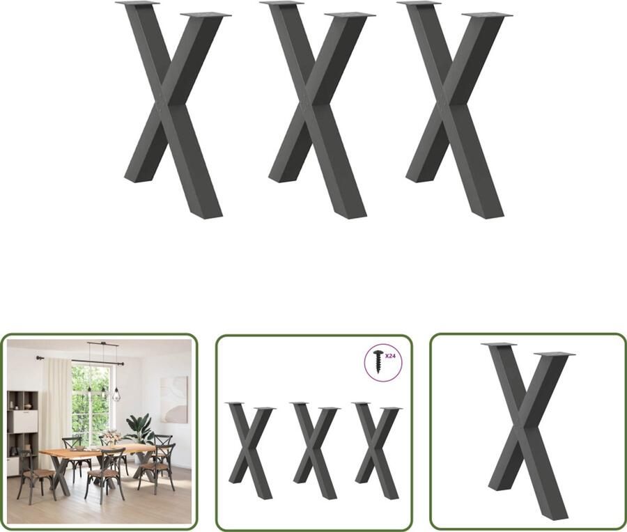 The Living Store Eettafelpoten 3 st X-vormig 80x(72-73) cm staal antraciet Eettafelpoten Tafelpoten Eethoek Eetkamerstoel Industrieel Meubilair