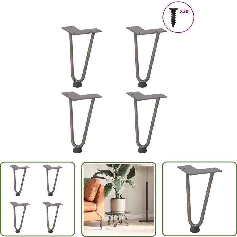 VidaXL Tafelpoten Haarspeld Tafelpoten Haarnadelpoten voor Salontafel 4 st 20 cm massief staal naturel Metalen Tafelpoten Vintage Tafelpoten Industriële Tafelpoten