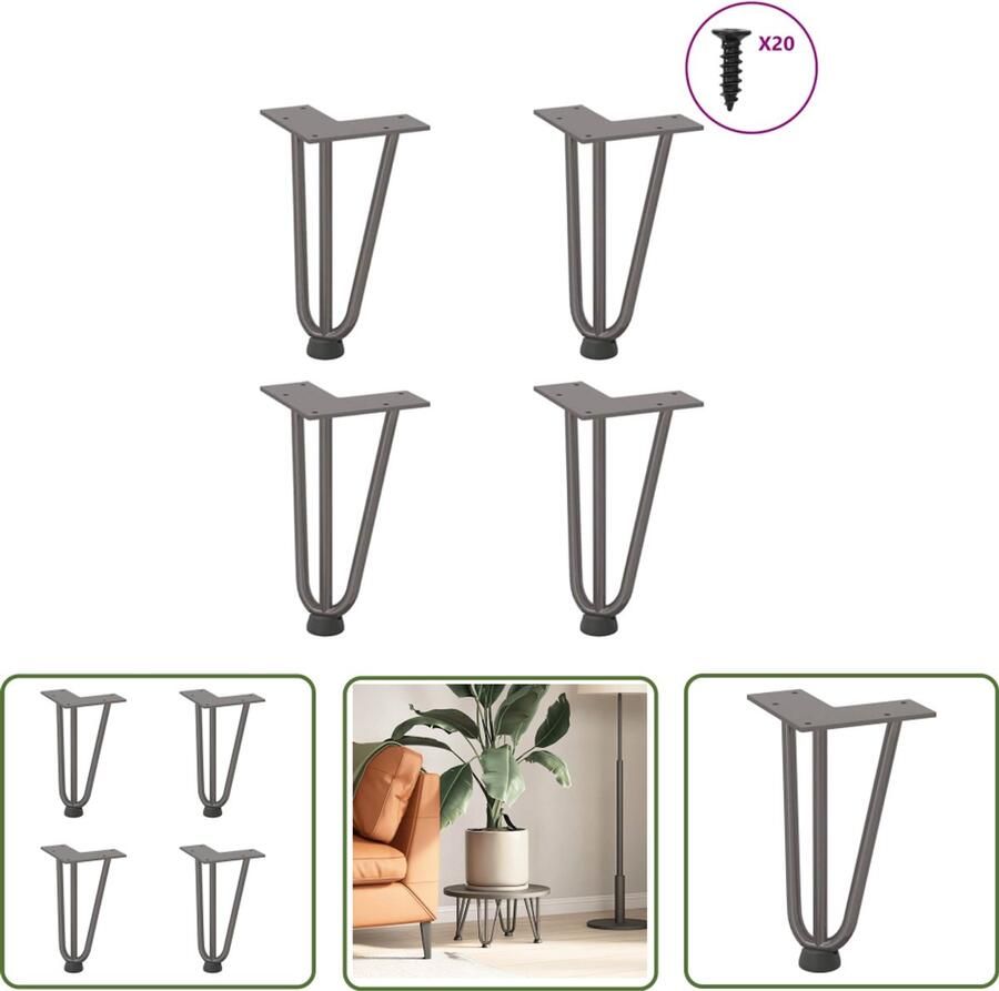 VidaXL Tafelpoten Modern Haarspeld Tafelpoten Haarnadelpoten voor Salontafel 4 st 20 cm massief staal naturel Metalen Tafelpoten Vintage Tafelpoten Industrieel Tafelpoten