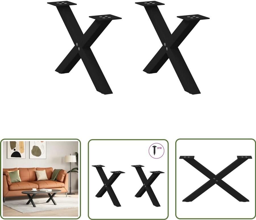 The Living Store Salontafelpoten 2 st X-vormig 60x(30-31) cm staal zwart Salontafel Potten Tafelpoten X-vormige Tafelpoten Zwarte Tafelpoten Metalen Tafelpoten