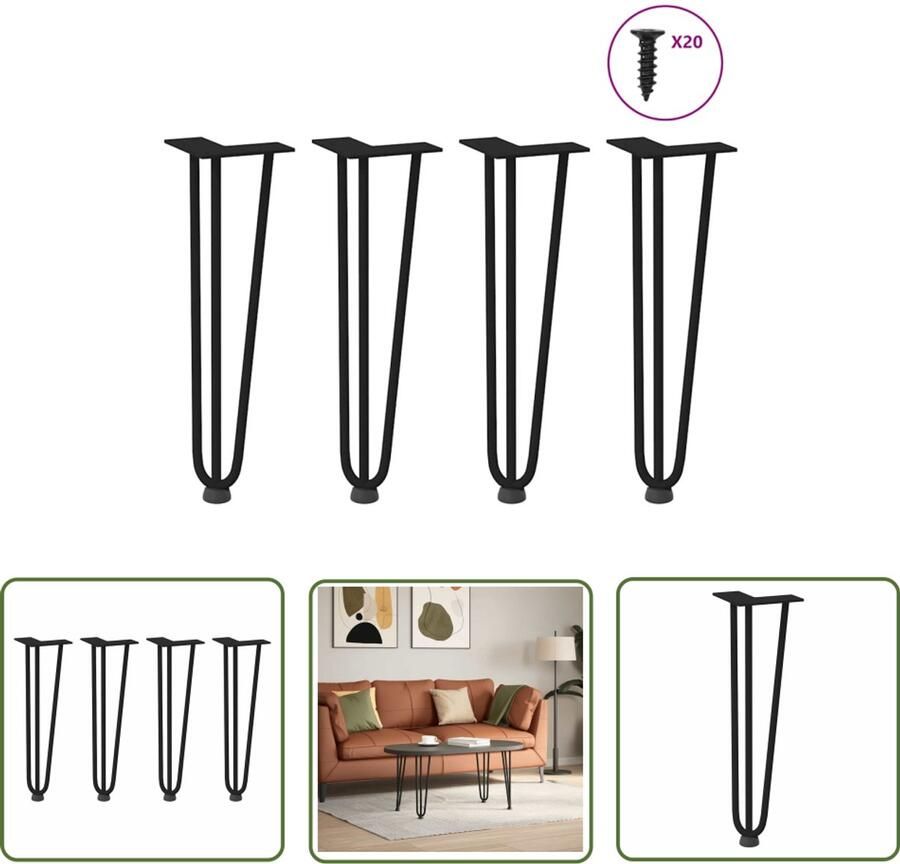 VidaXL Tafelpoten Zwart Haarspeld Tafelpoten Haarnadelpoten voor Salontafel 4 st 42 cm massief staal zwart Moderne Tafelpoten Industriële Tafelpoten Metalen Tafelpoten