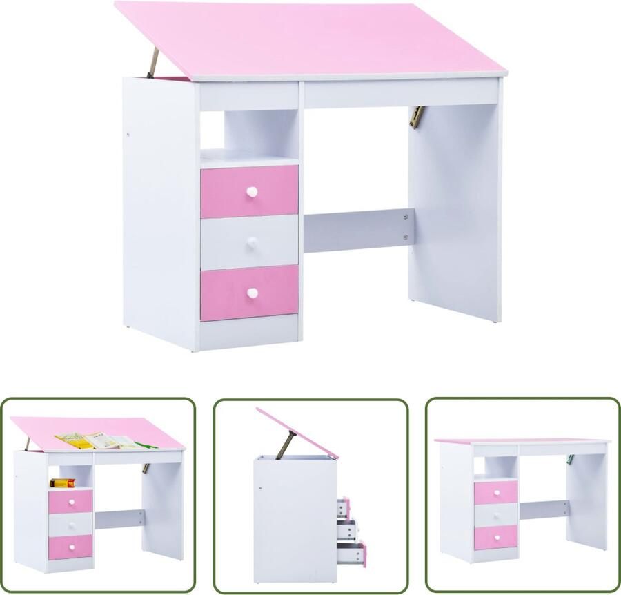 VidaXL Tekentafel Kinderbureau Kindertekentafel -bureau kantelbaar roze en wit Kids Bureau Houten Bureau Roze Bureau