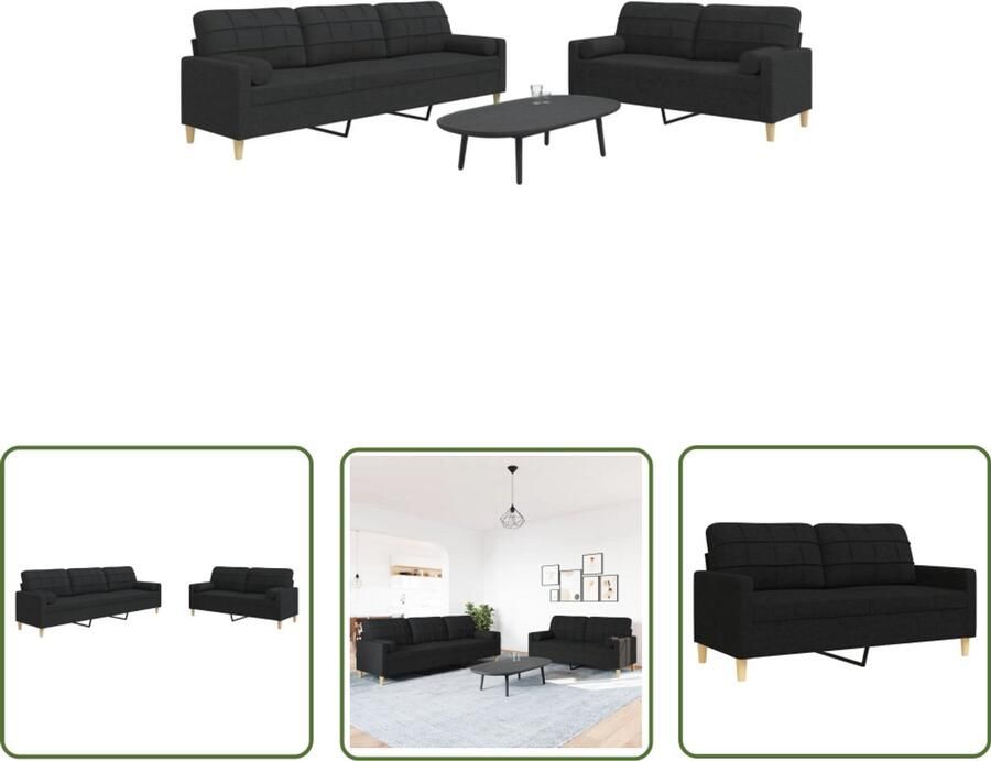 VidaXL 2-delige Loungeset met sierkussens stof zwart Loungeset Tuinbank Zwarte Bank Bankstel Lounge Meubilair