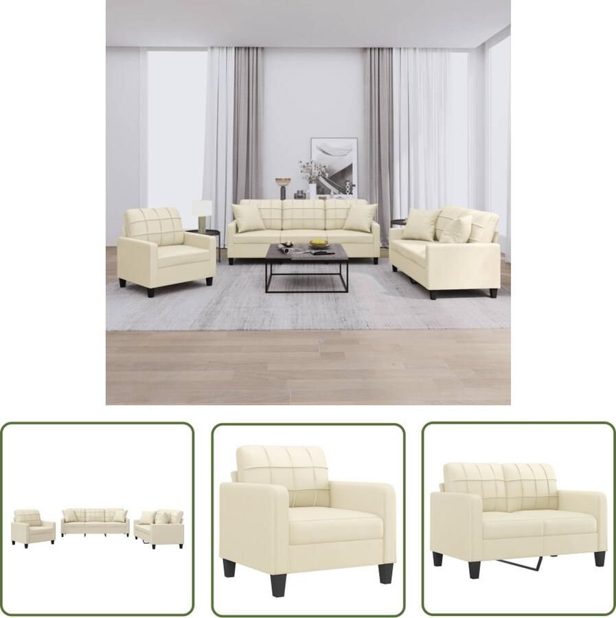 The Living Store 3-delige Loungeset met kussens kunstleer crèmekleurig Loungebank Tuinlounge Buitenset Loungegroep Relaxfauteuil