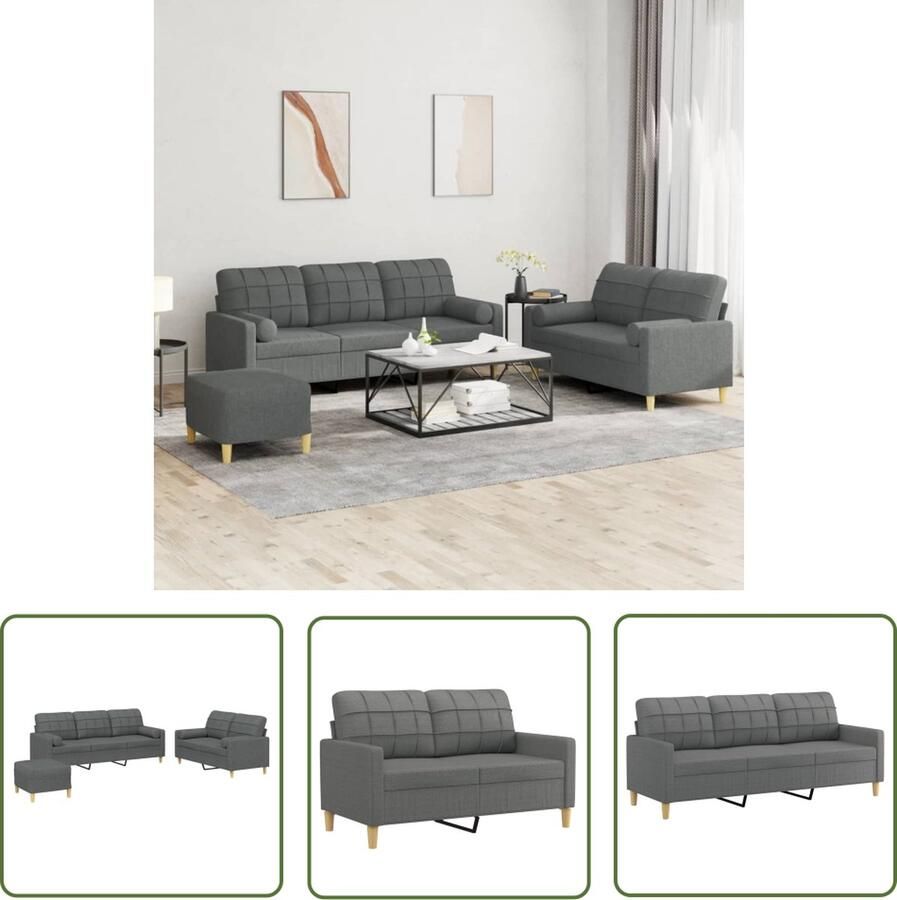 The Living Store 3-delige Loungeset met kussens stof donkergrijs Loungebank Tuinmeubel Buitenset Loungehoek Relaxstoel