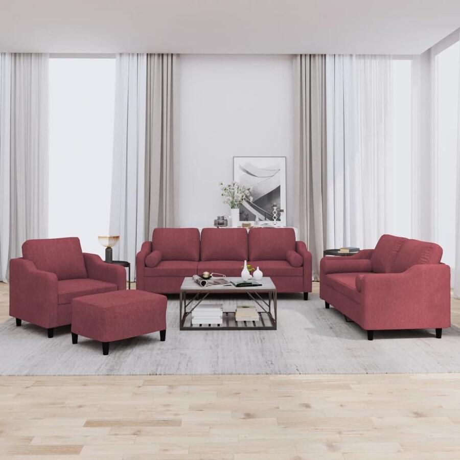 The Living Store 4-delige Loungeset met kussens stof wijnrood Loungebank Tuinmeubel Buitenbank Lounge Set Rood Meubilair