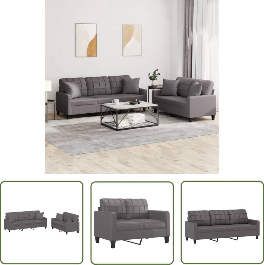 The Living Store Loungeset Kunstleer Grijs 2-zitsbank + 3-zitsbank + 4 sierkussens + 5 zitkussens Loungeset Tuinmeubel Buitenset Loungehoek Relaxfauteuil