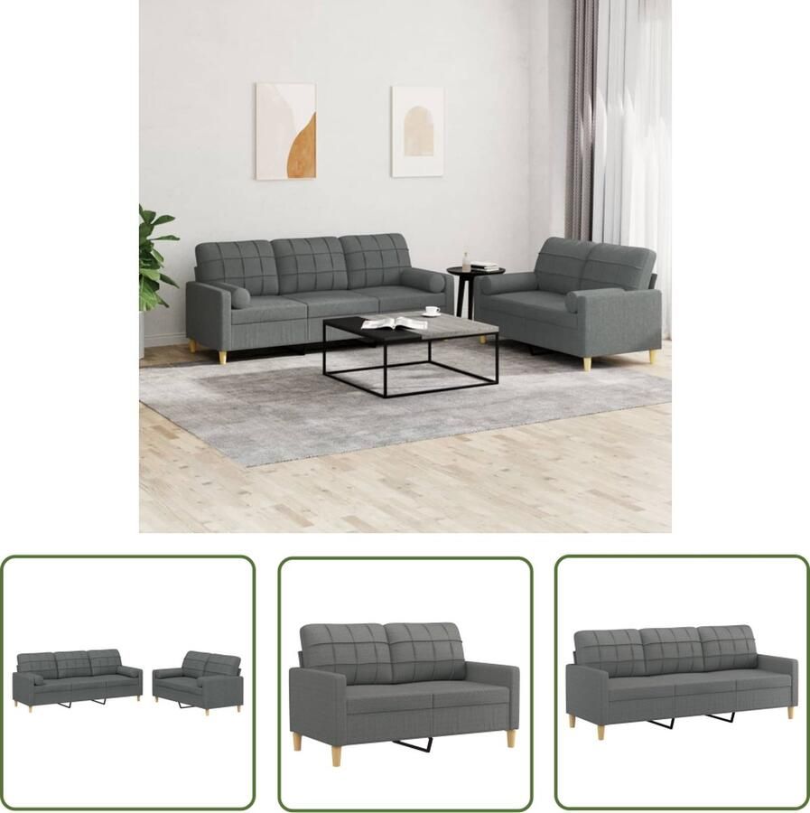 The Living Store Loungeset Donkergrijs 2-zits 3-zits Duurzame stof Stevig frame Comfortabel zitten Praktische rolkussens Afmetingen- 138x77x80 cm 198x77x80 cm Inclusief kussens Montage vereist