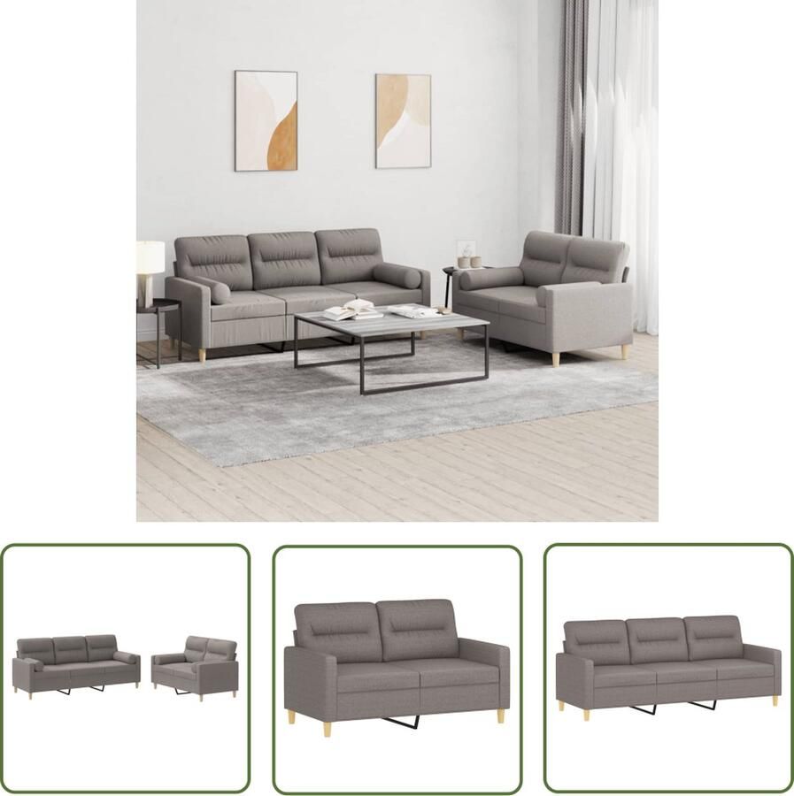 The Living Store Loungeset taupe 2-zitsbank en 3-zitsbank praktische rolkussens duurzame stof stevig frame comfortabele zitervaring 138x77x80 cm en 198x77x80 cm 4 sierkussens en 5 zitkussens