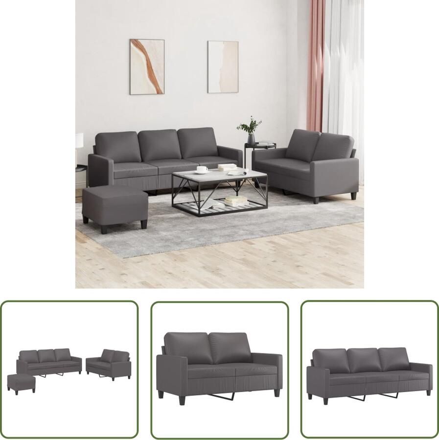 The Living Store Loungeset Kunstleer Grijs 2-zitsbank 3-zitsbank Voetenbank Loungeset Tuinmeubel Buitenset Lounge Relaxen
