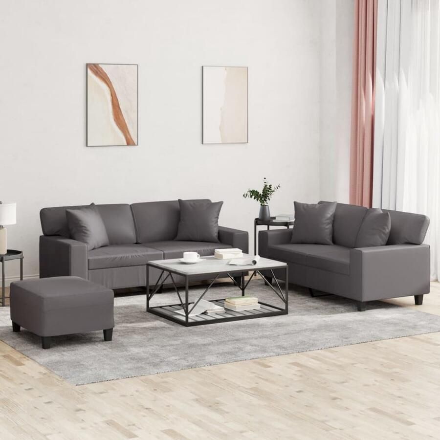 The Living Store Loungeset Kunstleer 2-zitsbank 140 cm Grijs Stevig frame met comfortabele zitervaring Inclusief voetenbank en kussens Loungeset Tuinmeubel Buitenset Lounge Set 2 Persoons Bank
