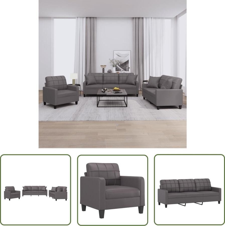 The Living Store 3-delige Loungeset met kussens kunstleer grijs Loungeset Tuinmeubel Buitenset Loungebank Relaxfauteuil