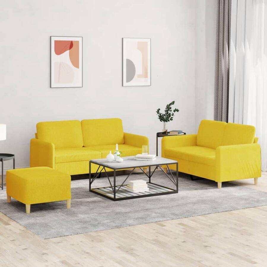 The Living Store 3-delige Loungeset met kussens stof lichtgeel Loungeset Tuinmeubel Buis Meubilair Lounge Stoffen Sofa Relaxstoel
