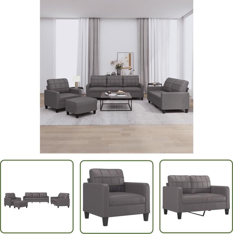 The Living Store Loungeset Kunstleer Grijs Armstoel 78x77x80cm 2-zitsbank 138x77x80cm 3-zitsbank 198x77x80cm Voetenbank 60x50x41cm Loungeset Tuinmeubel Buitenset Lounge Set Zitzitting
