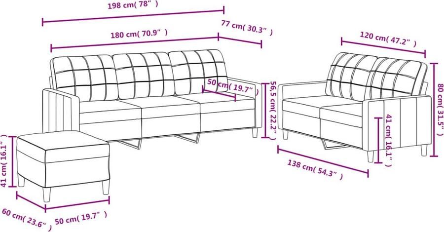 The Living Store Loungeset met voetenbank Bruin 2-zitsbank 138x77x80 cm 3-zitsbank 198x77x80 cm Montage vereist