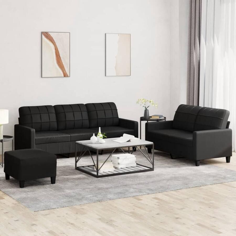 The Living Store Loungeset Luxe Kunstleren Zwart 2-Zitsbank + 3-Zitsbank + Voetenbankje 138 x 77 x 80 cm 198 x 77 x 80 cm Comfortabel