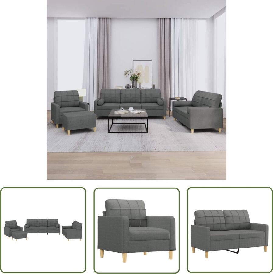 The Living Store 4-delige Loungeset met kussens stof donkergrijs Loungebank Tuinmeubilair Buitenmeubels Lounge Set Loungestoel