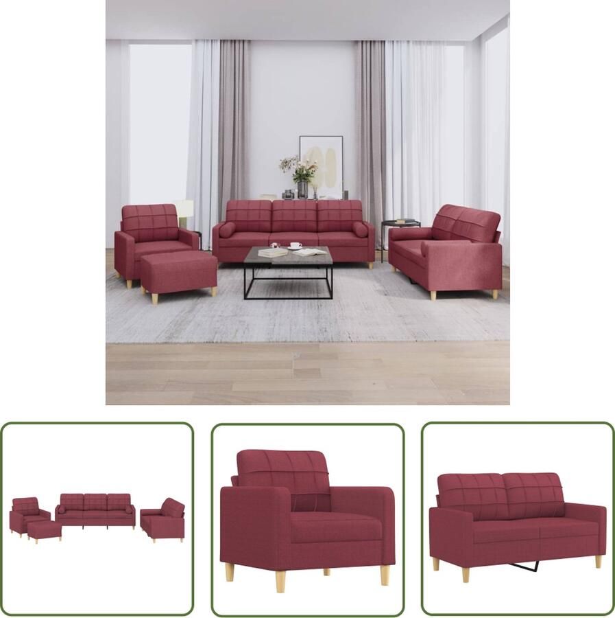 The Living Store Loungeset Wijnrood Stof metaal multiplex 100% polyester 2-zits + 3-zits + fauteuil + voetenbank Comfortabel en duurzaam