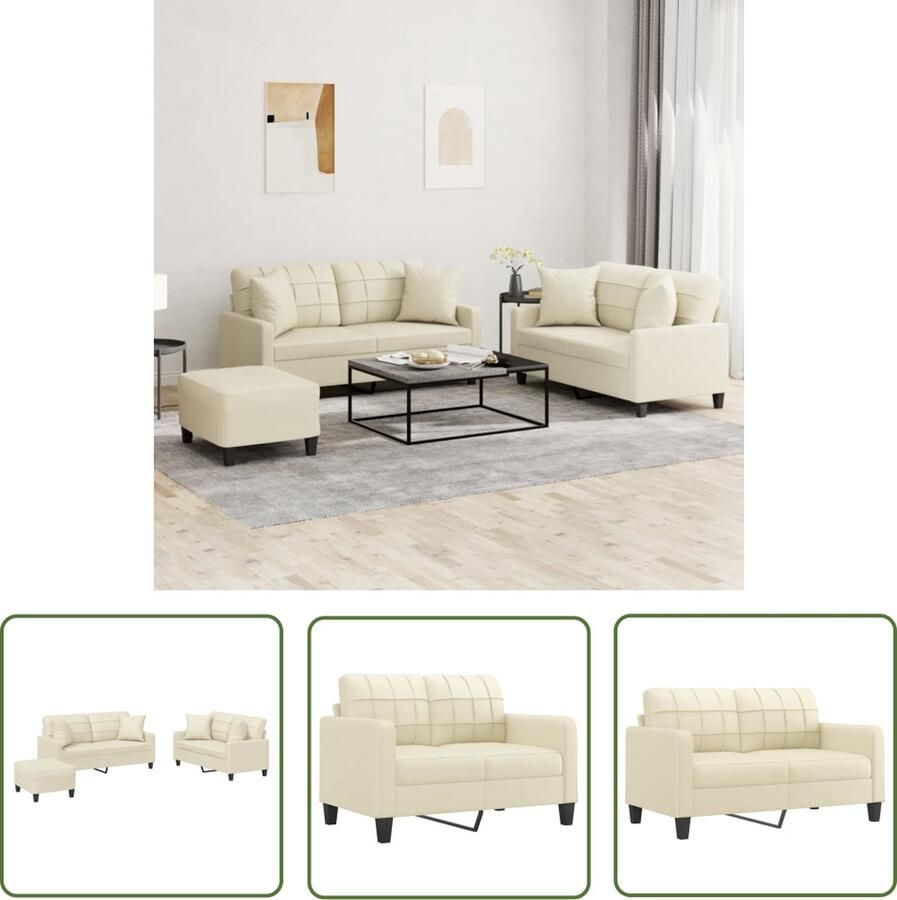 The Living Store 3-delige Loungeset met kussens kunstleer crèmekleurig Loungebank Tuinset Buitenset Crème Kleur Kunstleder