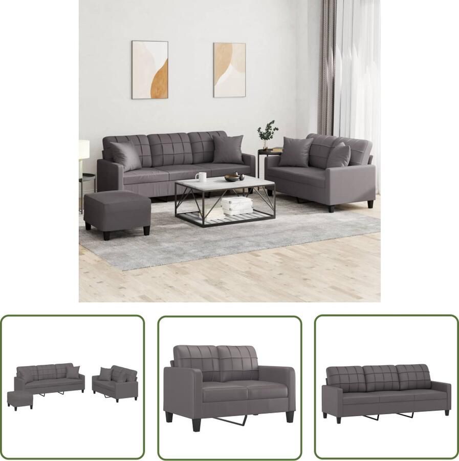 The Living Store 3-delige Loungeset met kussens kunstleer grijs Loungeset Tuinset Loungebank 2 Persoons Bank 3 Persoons Bank