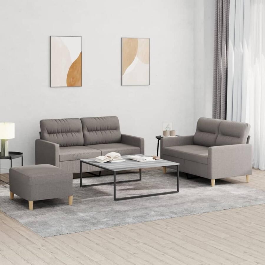 The Living Store Loungeset Kleur- Taupe Duurzame stof en stevig metalen frame Comfortabele zitervaring Veelzijdige voetenbank Compacte afmetingen Montage vereist Levering bevat 2x tweezitsbank 1x voetenbank 4x zitkussen